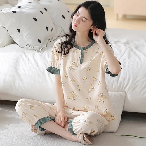 봄 여름 여성 잠옷, 반팔 카프리 바지, 여아 빈티지 홈 의류, 면 루즈 캐주얼 정장 2