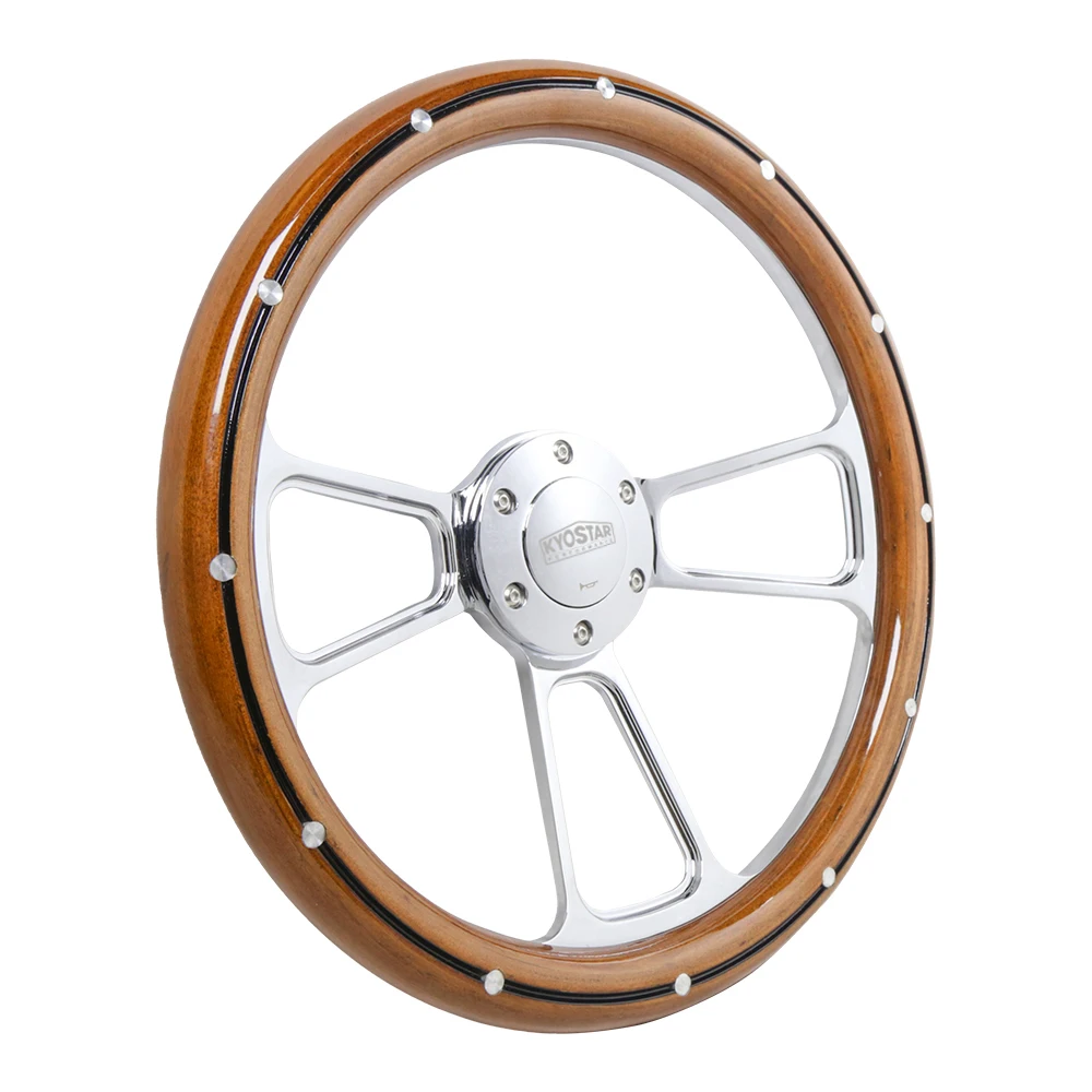 

14" 355mm Black Chrome Popular Teak Wooden Grip Riveted Vintage Classic Volante Solid Mahogany Wood Grain Rivet Steering Wheels