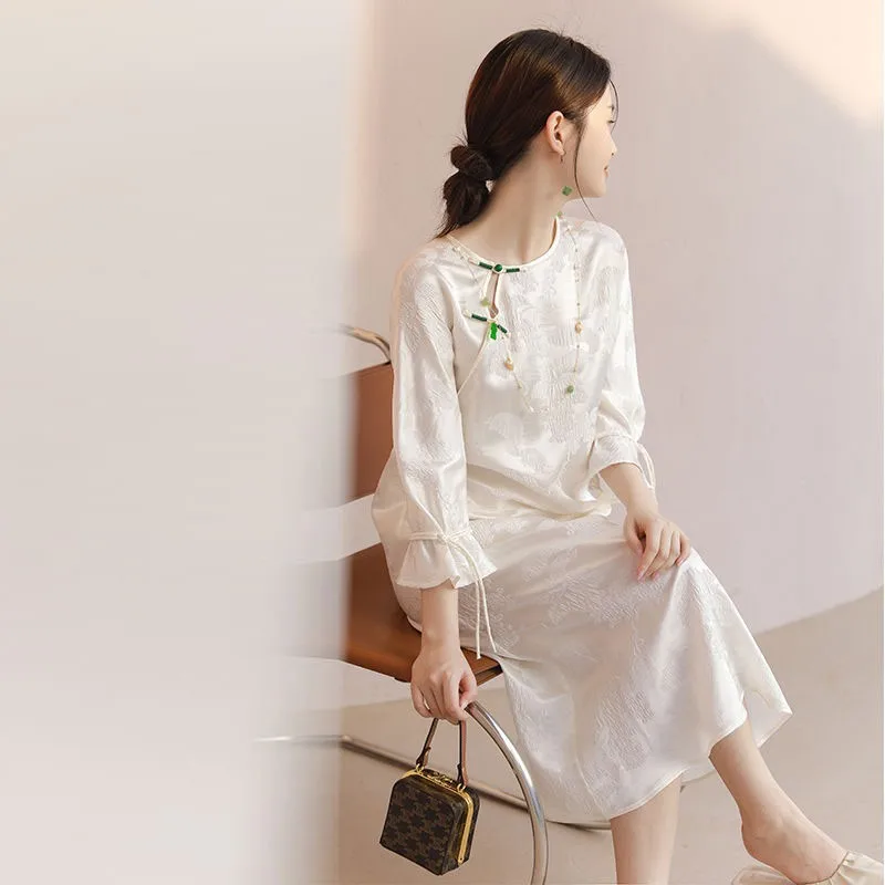 

White Summer High-end Imitation Silk Printing Floral Improved Cheongsam For Women Chinese Traditional Style Dress Qipao Vestido
