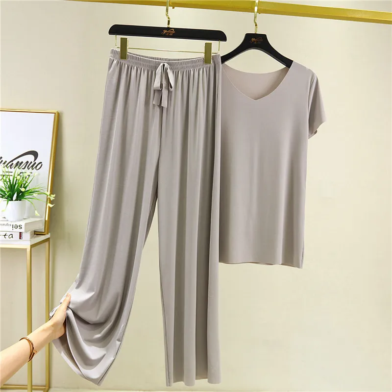 Women's Ice Silk Pajamas 2023 Spring Summer New Two Piece Sets V-neck Short Sleeve T-shirt Thin Home Clothes Wide Leg Pants Suit