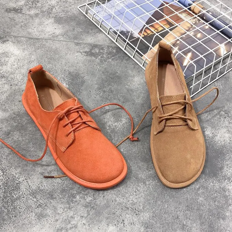 Lace-up Women Casual Shoes Round Head Students Sports Shoes Fashion Spring Abrasive Leather Couple Walking Flats Ladies Sneakers