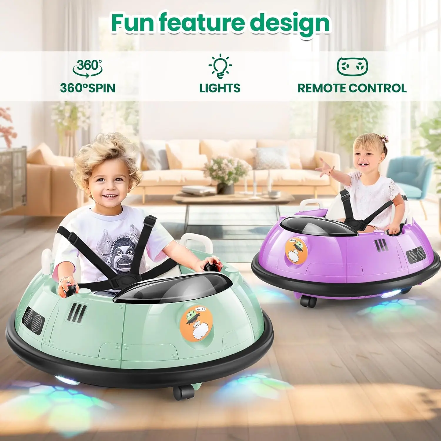 Baby Bumper Car with Remote Control, 12V Battery Powered Ride on Bumper Car for Toddler with 3 Speed, 360 Degree Spin, LED Light