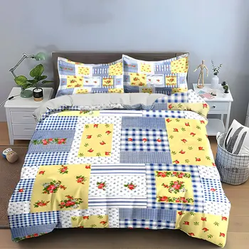 Cottage Yellow Rose Patchwork Bedding Set, Blue Gingham Plaid Floral Grid Print Duvet Cover Set, Soft Light 3PC For Bedroom 1