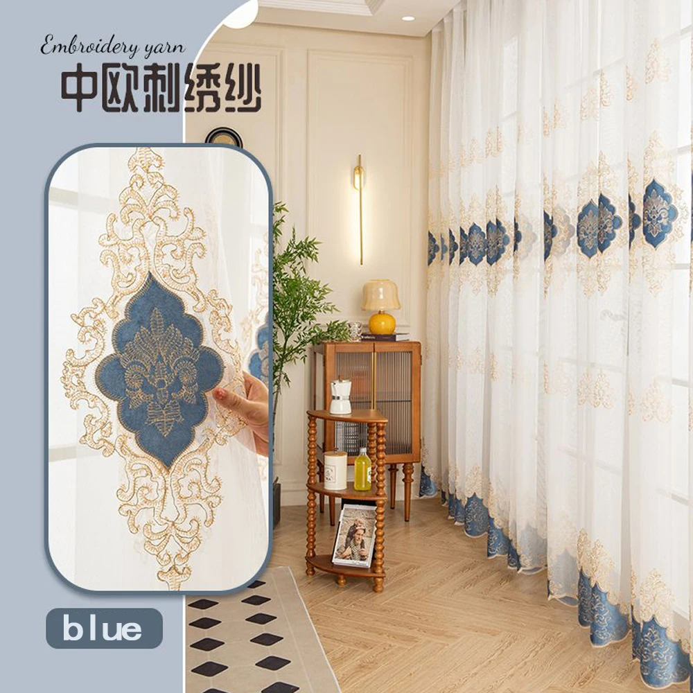 Europeu Bordado Tule Azul Cortinas, Luxo Sheer