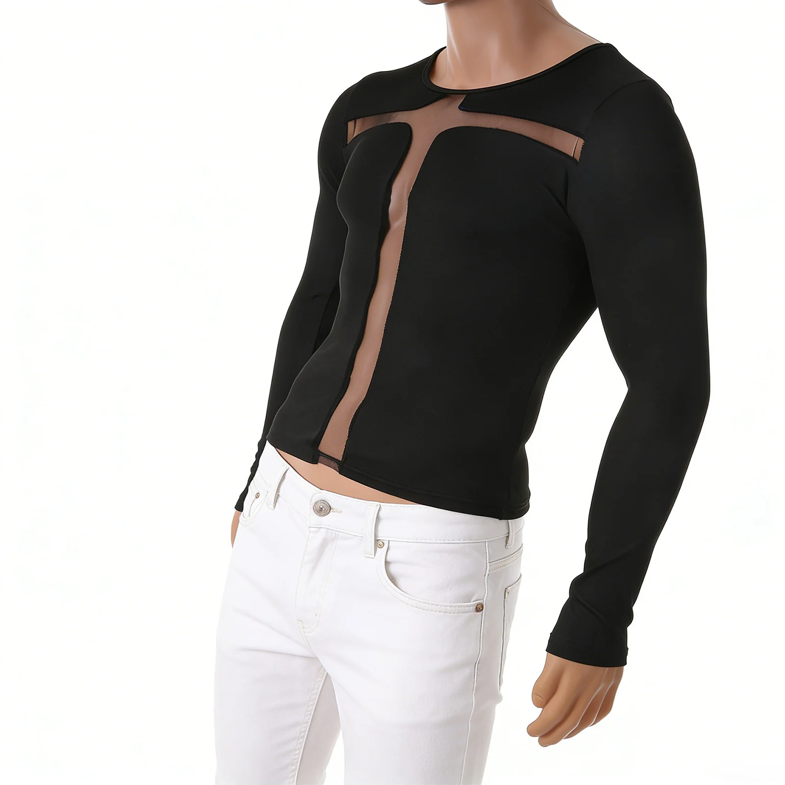 Herren Mode T-Shirt Frühling Streetwear Mesh Cross Gothic Tees Tops Lässig Y2K Herbst Langarm Hochwertig Party T-Shirt