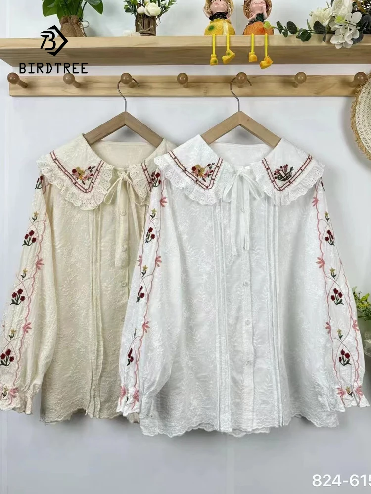 

New Spring Cotton Embroidery Shirt Women Peter Pan Collar Long Sleeve Loose Tops Girl Casual Sweet Blouse 2024 Autumn T444113QC