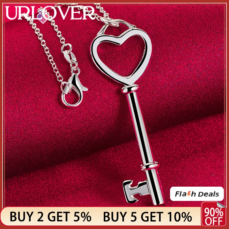 

URLOVER 925 Sterling Silver Heart Key Pendant Necklace For Women Party Engagement Wedding Fashion Charm Jewelry 16-30 Inch Chain