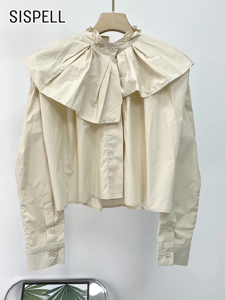 

SISPELL Folds Shirts For Women Stand Collar Long Sleeve Ruffles Temeprament Solid Casual Asymmetrical Blouse Female Fashion New