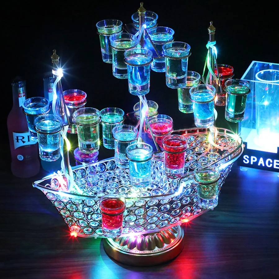 

Thrisdar Rechargeable Boat Shape 24 Hole Cocktail Cup holder Stand VIP Service Shot Glass Display Wine Glass Rack Party Decor