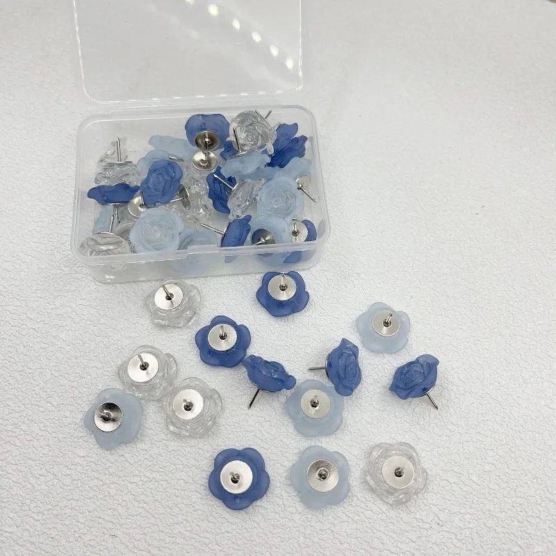 30PCS 블루 로즈 엄지핀 귀여운 레진 푸시핀 코르크보드용 장 드로잉핀 게시판용 카와이 문구류