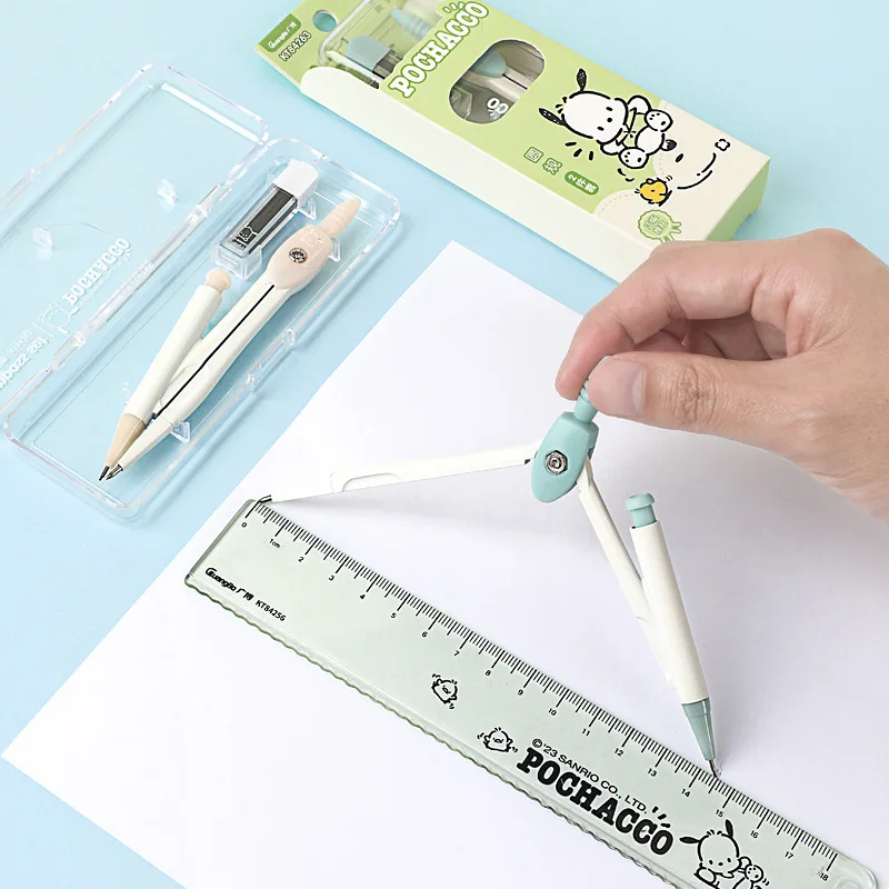 New Sanrio Anime Pachacco Cartoon Compass Ruler Children's Math Drawing Tool Set Learning Peripheral Stationery