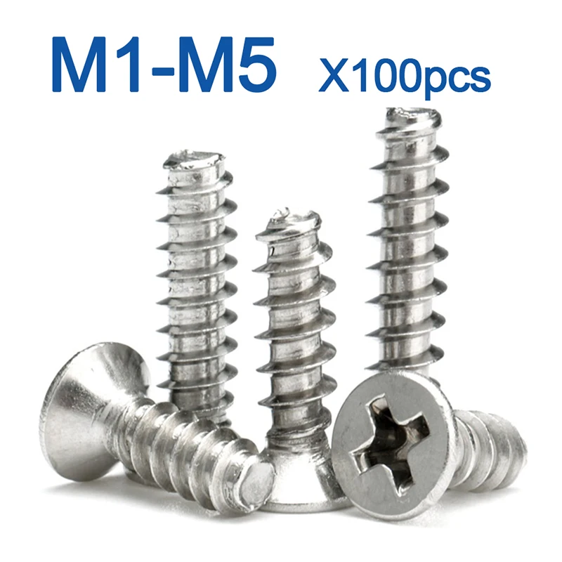 

100pcs/ lot Cross Recessed Countersunk Head Self-tapping Screws Nickel Plated Carbon Steel M1 M2 M2.6 M3 M4 Flat Phillips Screw