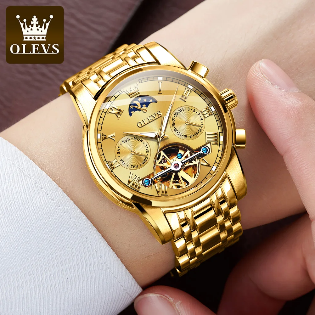 OLEVS 6617 Automatic Watch For Men Moon Phase Hollow Skeleton Mechanical Man Watch Auto Date Luxury Waterproof Dress Wristwatch