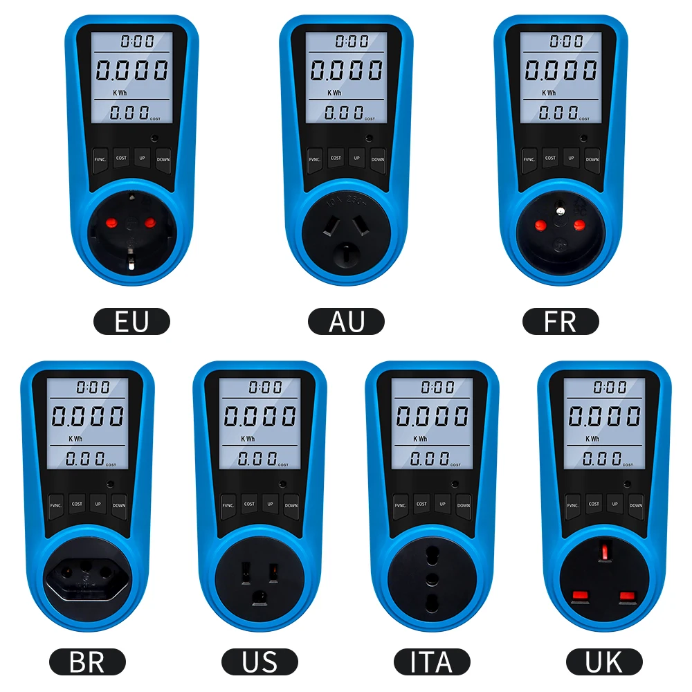 

EU FR Plug Socket Digital Current Meter Voltmete Wattmeter AC Power Meter Time Watt Power Energy Tester BR US UK AU IT Plug