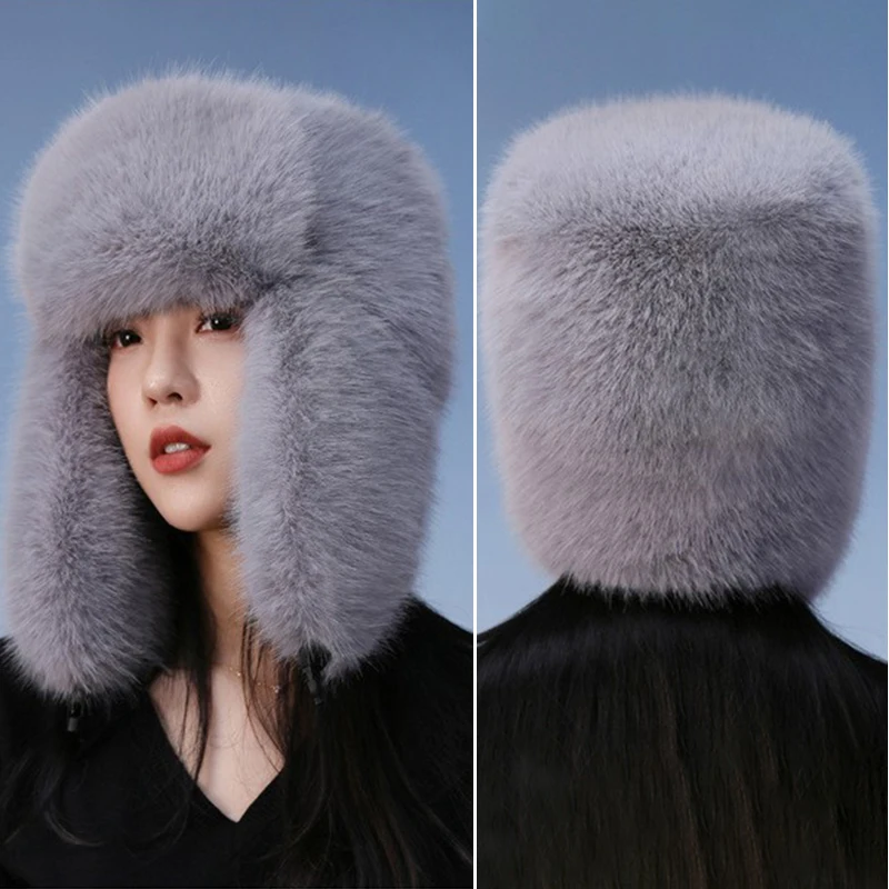 Winter Plush Faux Fur Hat for Women Thick Fluffy Ear Protection Cap Windproof Warm Headgear Bomber Hat Female Panama Russian Cap 5