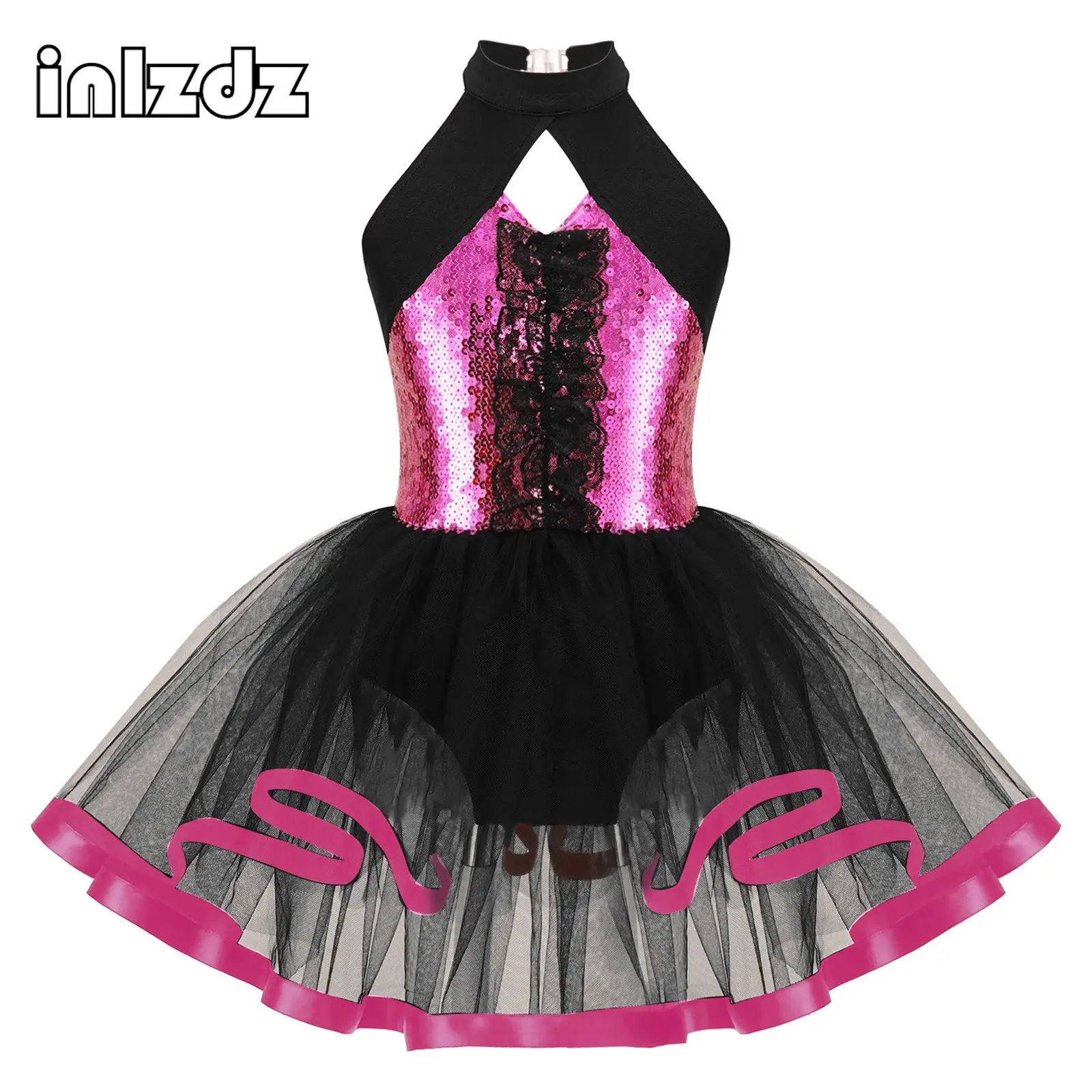

Sleeveless Sequins Ballet Dance Costume Kids Girl Shiny Hollow Back Sheer Mesh Tutu Gymnastics Ice Skating Performance Dancewear