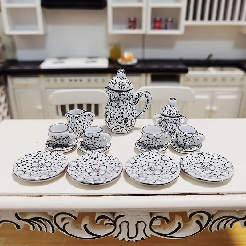 Miniature Dollhouse Ceramic Tea Set - 12-Piece Decorative Accessory Collection