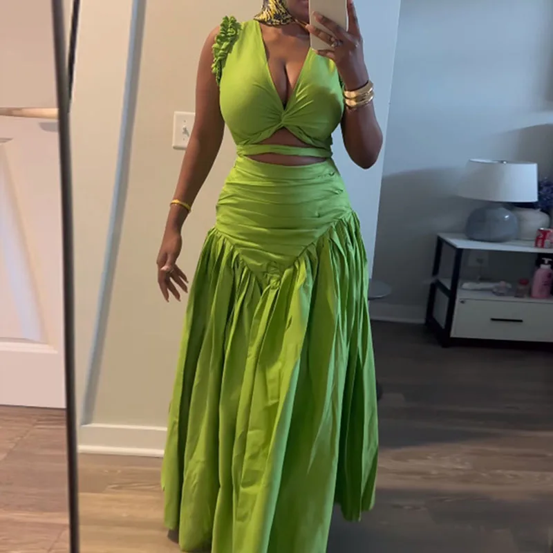 

Женский Повседневный костюм из 2 предметов, элегантный топ с драпированным рукавом и длинная юбка с V-образным вырезом, модный однотонный плиссированный костюм с высокой талией