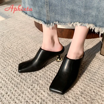 Aphixta 6.5cm High Heels Elegant Women Slides Square Toe Shallow Summer Dress Slides Sexy Metal Strange Style Heels Shoes Size42