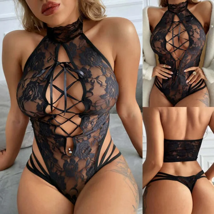 Europe and the United States new sexy lace hollowed-out strap see-through cat girl one-piece underwear