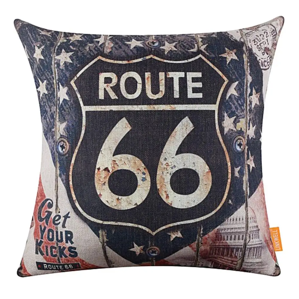 

Vintage Pillow Case Linen Cushion Cover American Map Route 66 Sofa Bed Car Decor