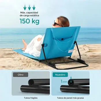 Lettino Pieghevole con Funzione Reclinabile e Maniglia, per Spiaggia, Campeggio, Giardino, con Poggiatesta, Chaise Longue da Esterno