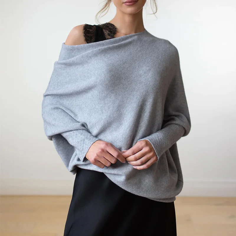 

2024 New Spring Autumn Women Off Shoulder Sexy Sweater Solid Round Neck Long Sleeve Comfortable Knitted Pleated Pullover