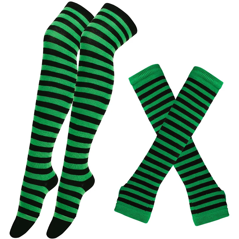 Chic Stripe Printed Thigh-High Cotton Socks and Arm Sleeve Set
