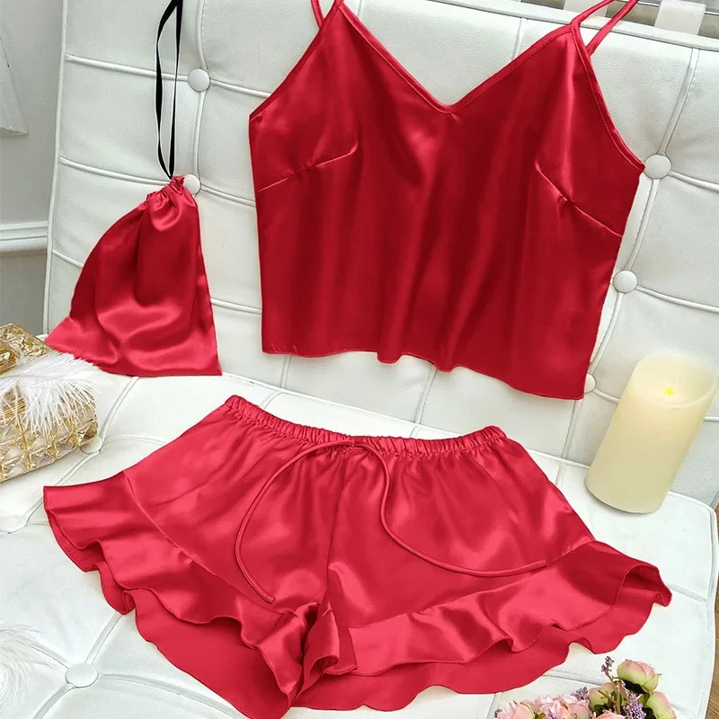 Fashion Sexy Underwear Set Women's 2 Pieces Sleepwear Pyjamas Silk Satin Bellyband Cami Top and Shorts Pajamas for Women Pijamas