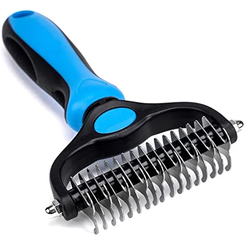

Pet Grooming Brush - Double Sided Shedding and Dematting Undercoat Rake Comb, Cat Grooming Brush, Dog Shedding Brush