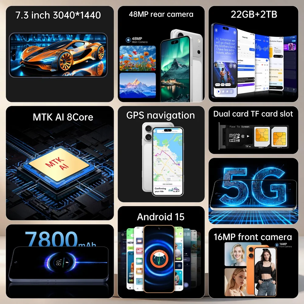 K-Touch A17 Pro Max Mobile Phones Smartphone Android 15 Cell Phone 7.3 Inch 22G+2TB 16+48MP Camera 5G Dual Sim 7800mAh Fingerprint Unlocked Global Version Cellphones