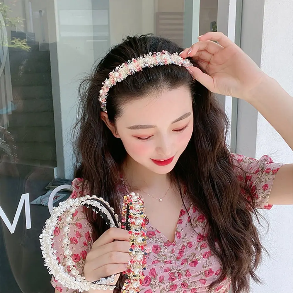 

Elegant Pearl Headress Headwear Flower Wide Hair Hoop Korean Style Hairband Women Headband Woven Hairband