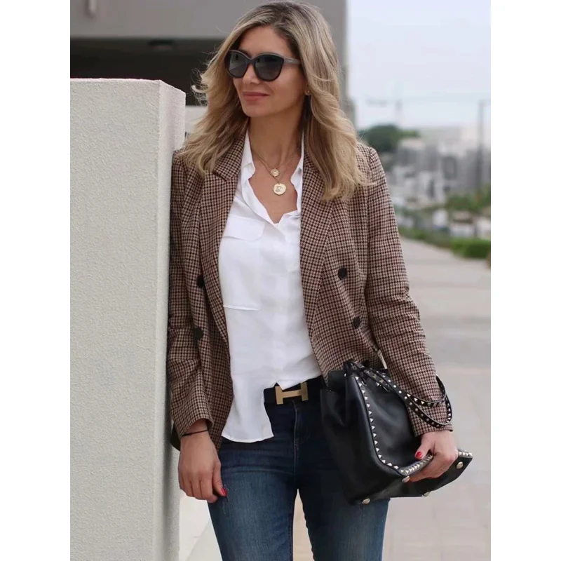 Fashion Plaid Women's Blazers 2023 Chic Double-breasted Blazers for Womens Casual Female Suit Ladies Loose Blazer