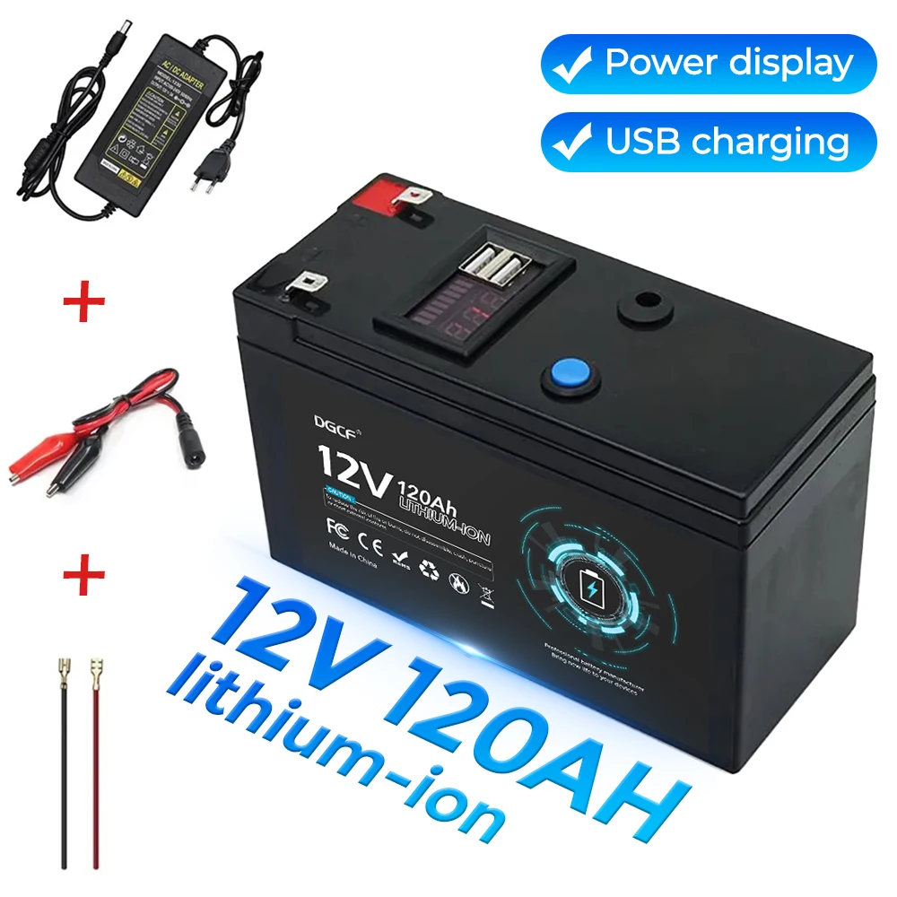 

12V 120Ah Iron phosphate battery 18650 lithium USB Rechargeable for solar energy electric vehicle battery+ 12.6V 3A charger