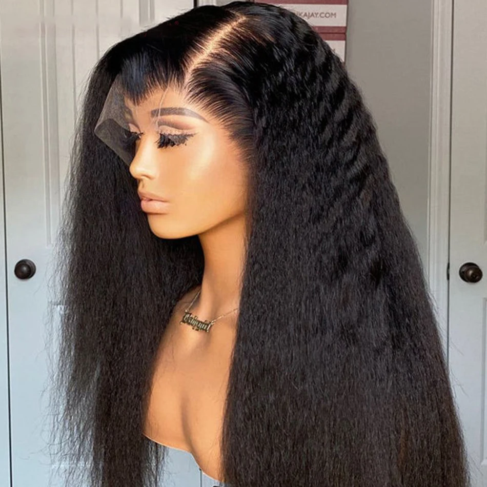 

180Density Natural Black Long Soft 26Inch Yaki Kinky Straight Lace Front Wig for Women BabyHair Glueless Daily Heat Resistant