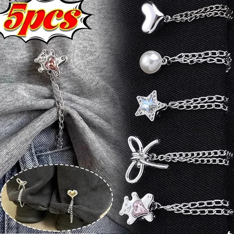 5pcs Multi-Function Magnetic Clothing Clips with Chain Metal Tassel Buttons Clip Roll Up Pants Alloy Change Shorts Trouser Legs
