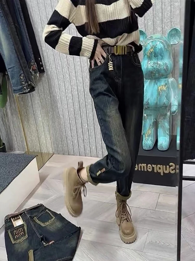 Jeans 2024New Women\'s Jeans Large Size High Waist Lean Elastic Thick Design Retro Fashion Women\'s Pants Harun Pants