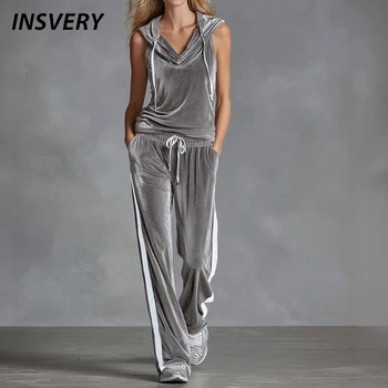 Summer Casual Women Two Piece Set Women Sleeveless Hooded Top And Long Pants Set Fashion Solid Color Velvet Tracksuit Women Suit 1