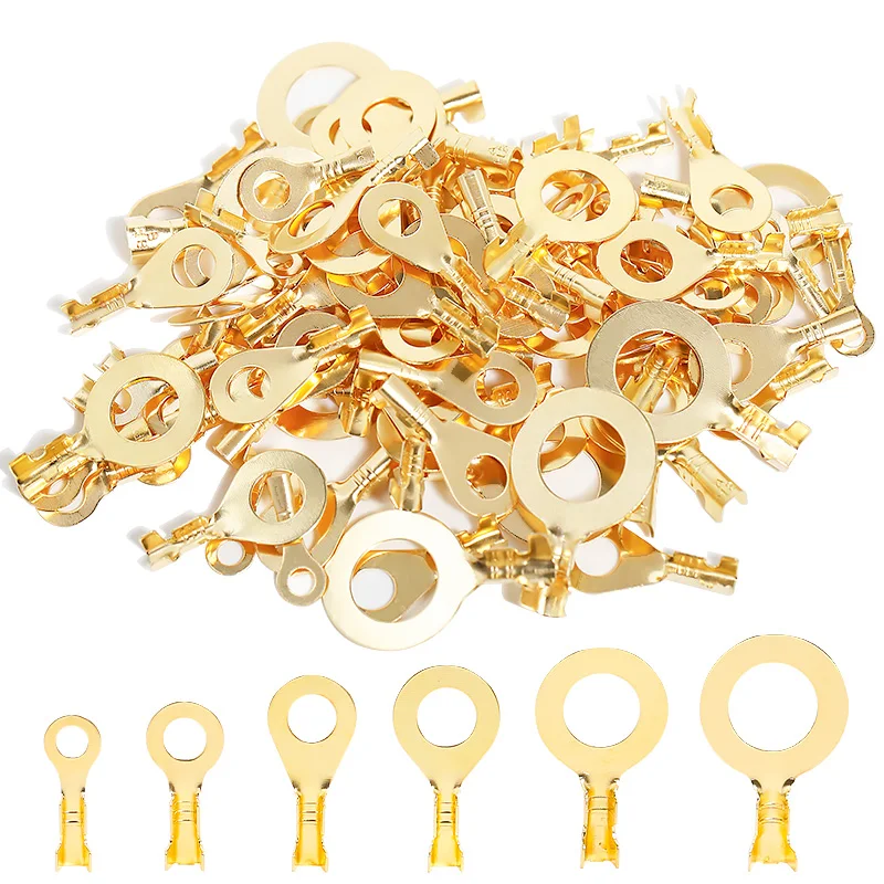 100PCS Ring Crimp Terminal Lugs Elektrische Draad Kabel Connectors Goud Messing M3 M4 M5 M6 M8 M10 O-Schoen Type Plug voor Splice Schroef