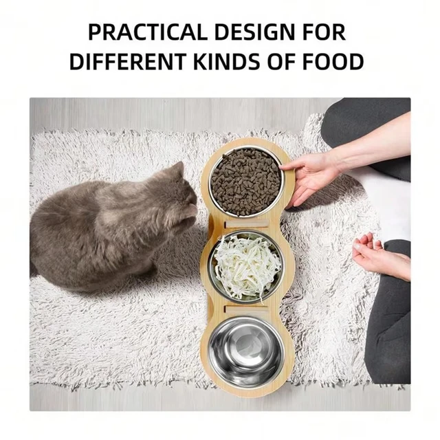 3 elevated cat bowls tilted anti-vomiting iron bowl elevated cat food bowl for food and water all wooden food grade stand 3