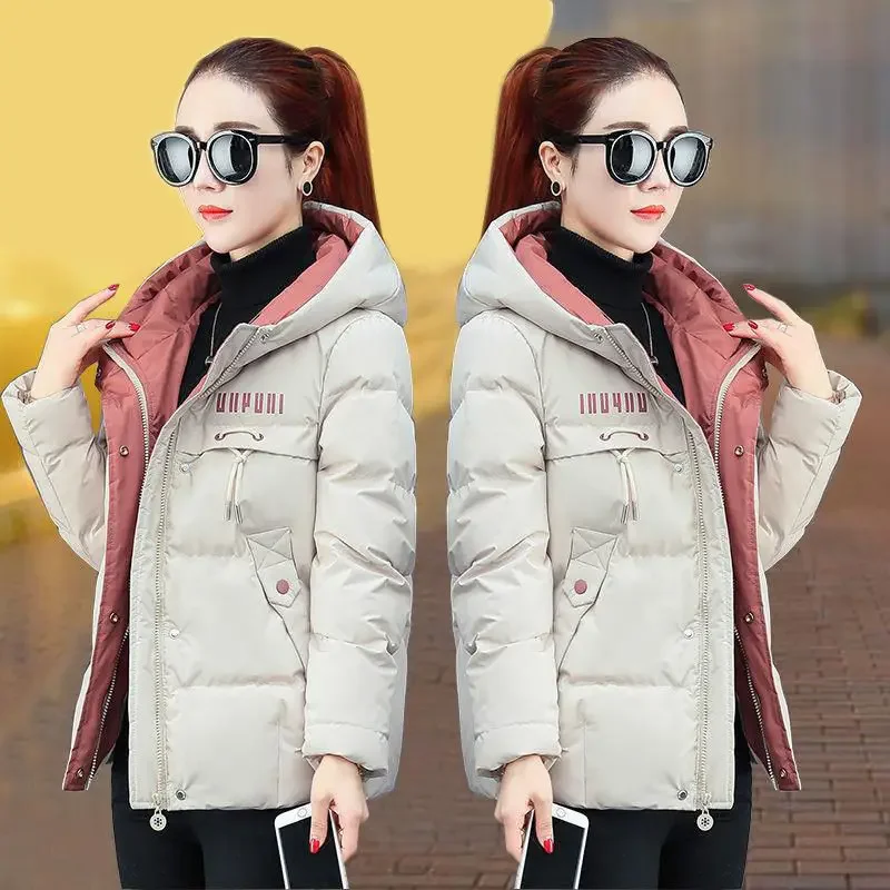 Winter Casual Loose Jackets Female Letter Print Short Coats Slim Warm Outwear 2021 Women Hooded Thick Down Cotton Padded Parkas