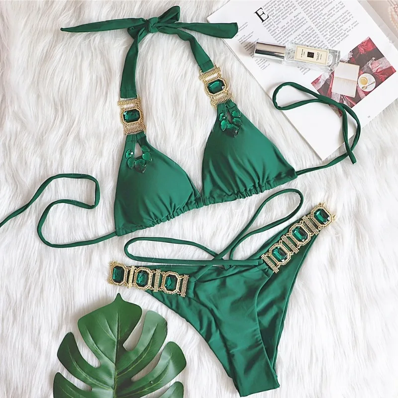 Women's 2 Piece Bikini Swimwear Sexy Rhinestone Swimsuits for Women Bikini Halter Swimsuits