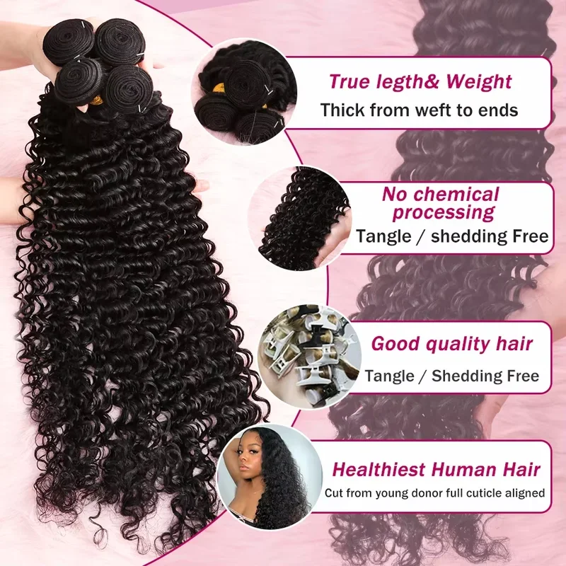 42 Inch Natural Color Deep Wave Human Hair Bundles - 250 High Density 1/3/4 Pcs Pack 100% Virgin Hair Silky Thick Full-Bodied We