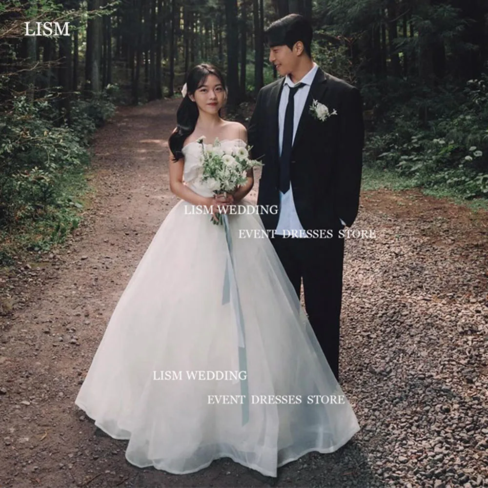 

LISM Elegant Korea A-Line Wedding Dresses Photo Shoot Strapless Bow Floor Length Bridal Gowns Corset Back Formal Dress Custom