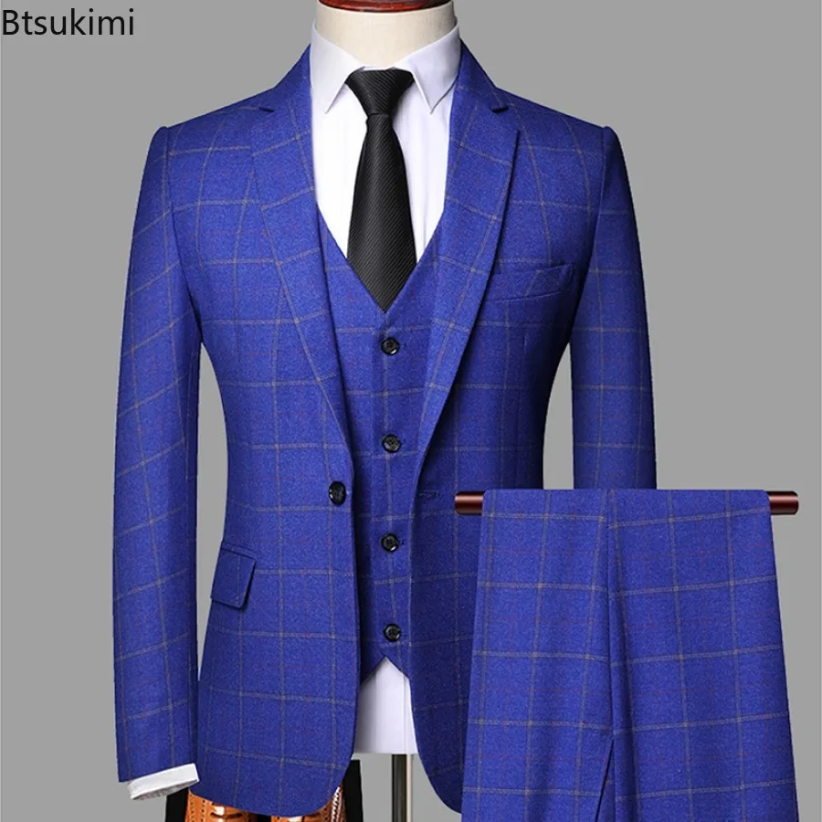New Men's Three-pieces Fashion Plaid Slim Business Party Formal Elegant Blazer Sets (Jacket+Pants+Vest) Prom Wedding Groom