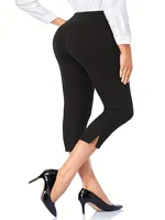 New women's plus-size elastic fabric slit design temperament hip line solid color pants - Image 3
