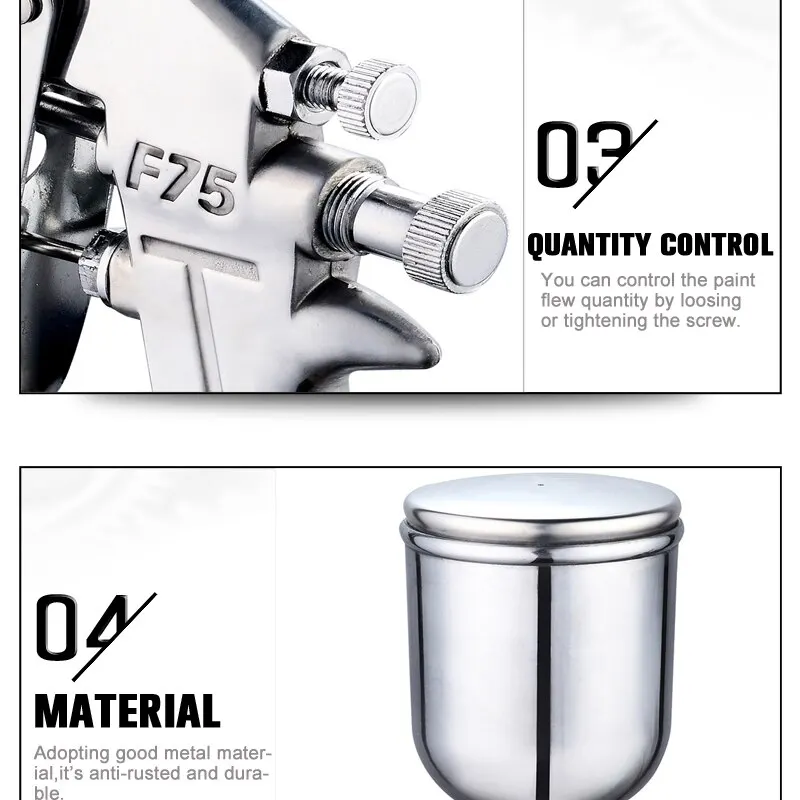 F-75 Spray Gun 1.5mm Nozzle with Cup Silver Handle Adjustable Color Spray Gun for Automotive Furniture Parts Painting 5