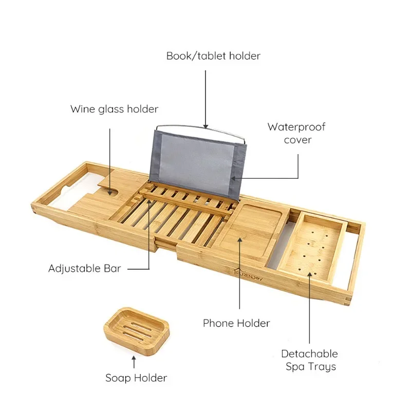 Extendable Sides Bathtub Tray Bamboo Bathtub Rack Retractable Non-slip Bath Shelf with Phone Rack Wine Glass Holder