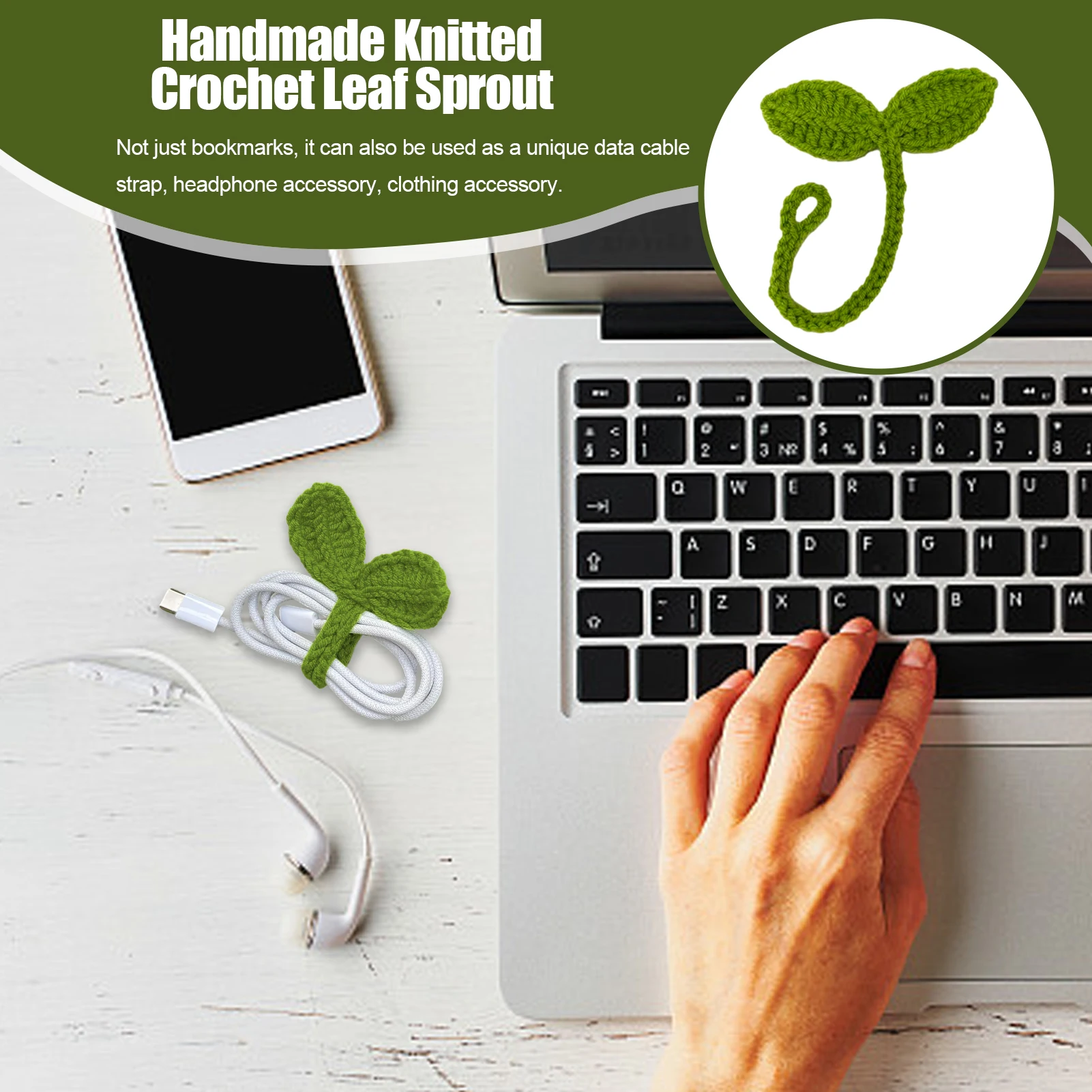 Knitted Crochet Leaf Sprout Bookmark Leaf Decor Green DIY Craft Cute Handmade Crochet Accessories Gift For Holidays New Year