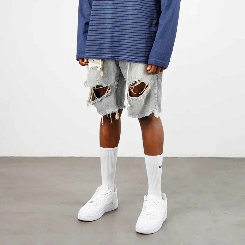High Street Big Hole Versatile Loose Denim Shorts Slatt American Fashion Damaged Burr Edge Hanging Beard Washed